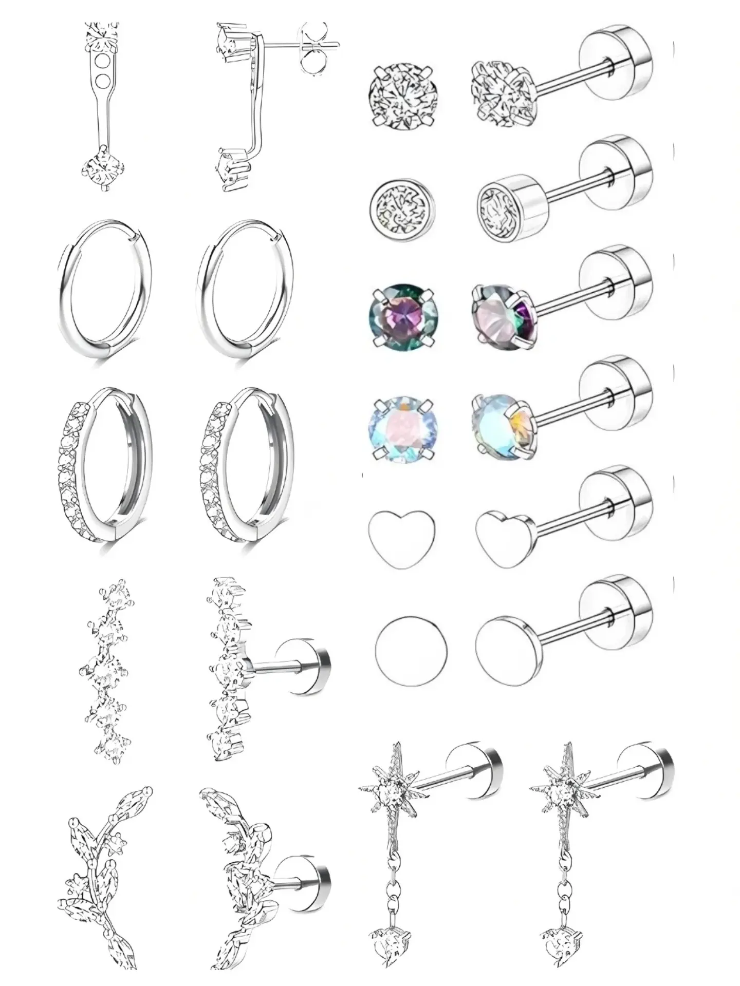 16 Pcs Fashion Leaf Earrings Set, Unisex Zircon Earrings, High-End Sparkling Thread Back Earrings, Elegant Jewelry Gift