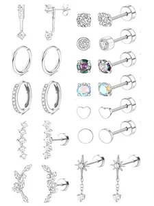 16 Pcs Fashion Leaf Earrings Set, Unisex Zircon Earrings, High-End Sparkling Thread Back Earrings, Elegant Jewelry Gift