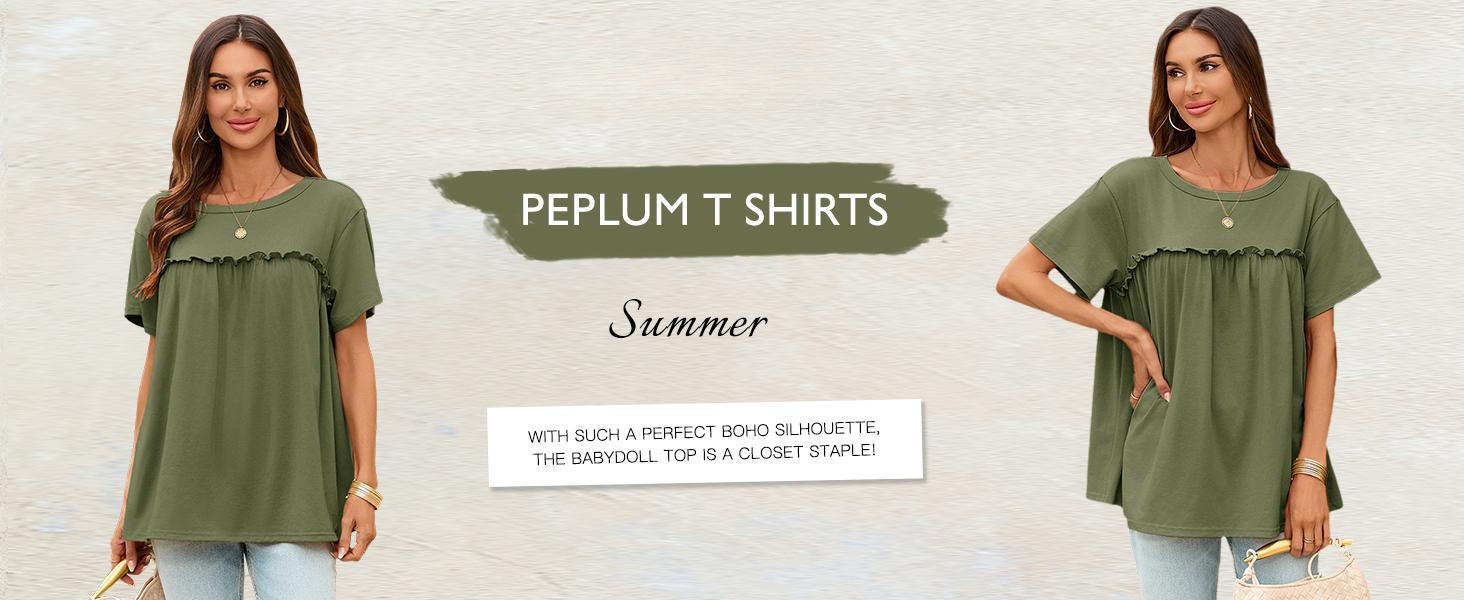Womens Summer Babydoll Tunic Tops Pleated Short Sleeve Crew Neck Peplum T Shirts Casual Loose Fit Outfits Womenswear Blouse church outfit Breathable Chic