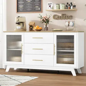 GARVEESideboard Buffet Cabinet with 2 Fluted Glass Doors, 56" Modern Coffee Bar Cabinet featuring 3 Large Drawers, Available with Natural or White Top, White Long Storage Cabinet for Kitchen, Dining, Living Room