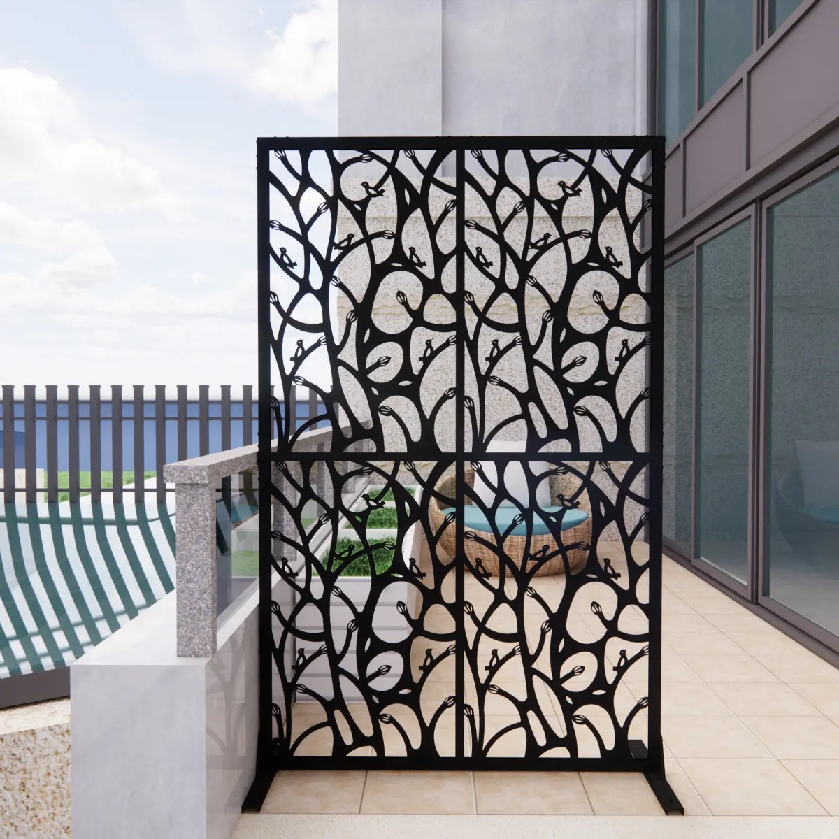 Black Bird Shape Galvanized Steel Privacy Guard - 72" H x 45.3" W, Corrosion Resistant, Hollow Cutout, Free Standing, Easy to Assemble Indoor-Outdoor Room Divider for Balconies, Divider Living Room