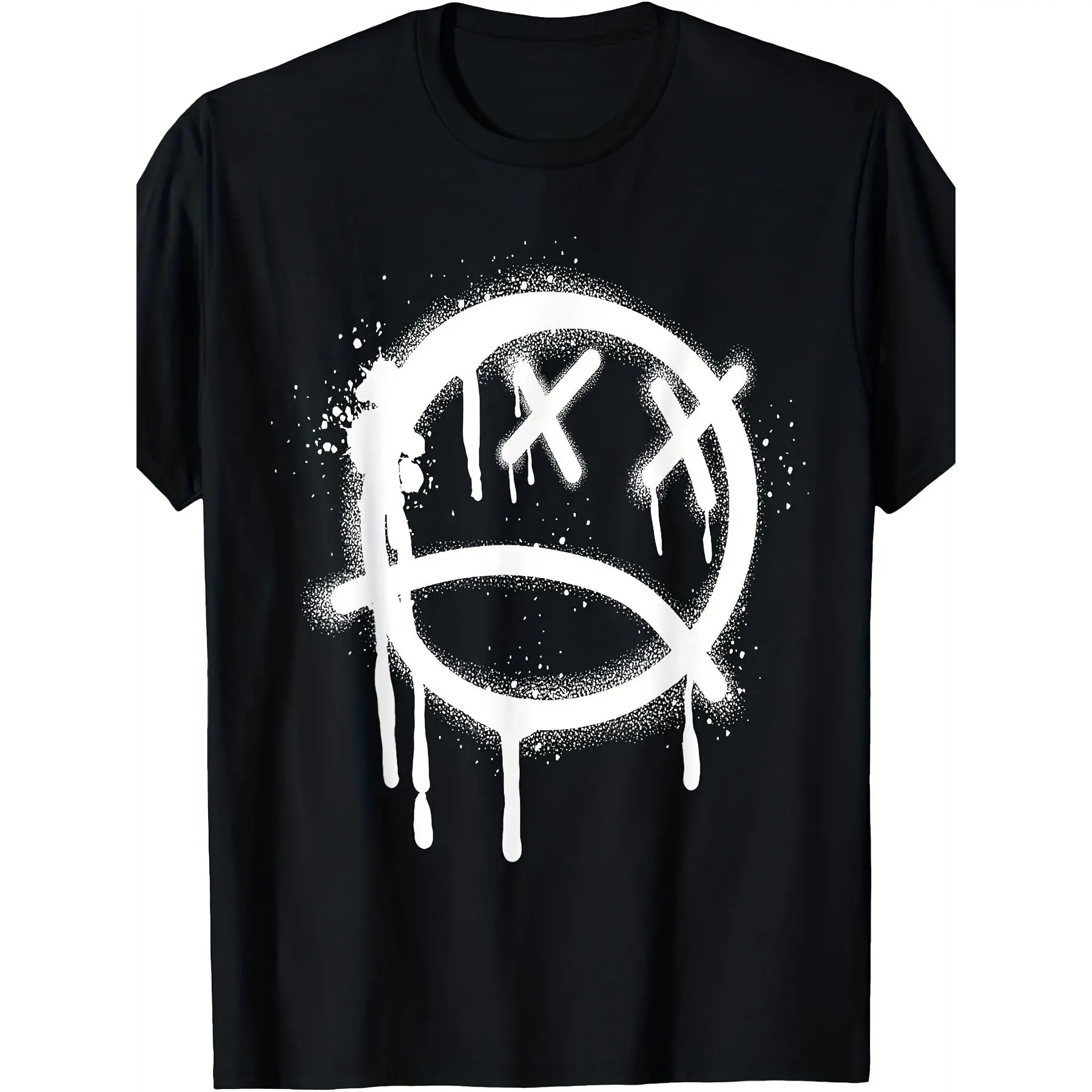 Men's Cotton Knit T-Shirt with Retro Graffiti Sad Face Print, Casual Streetwear Short Sleeve Tee, Regular Fit Crew Neck Urban Style