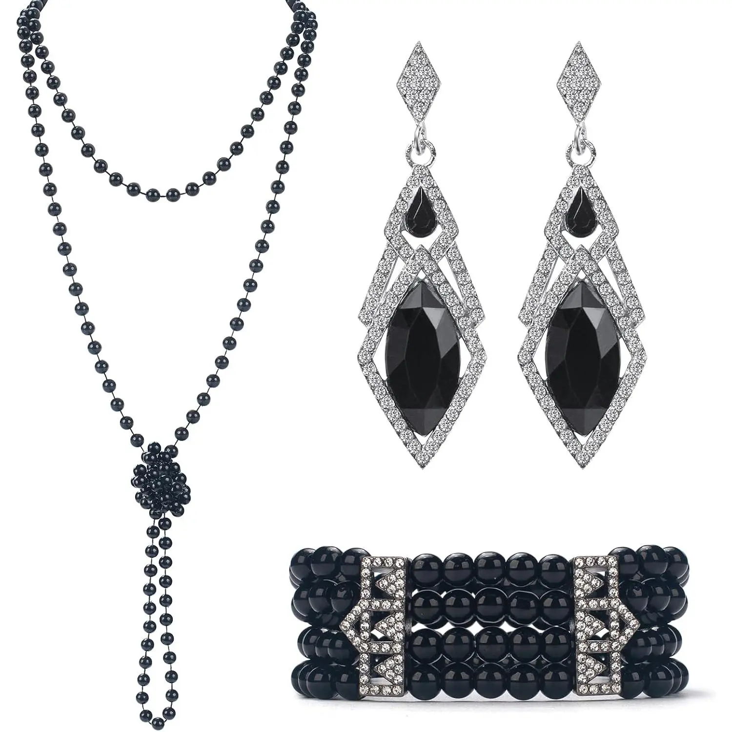 1920s   Set - Long  Necklace, Earring Set, Multilayer Bracelet - Flapper Accessories for Women
