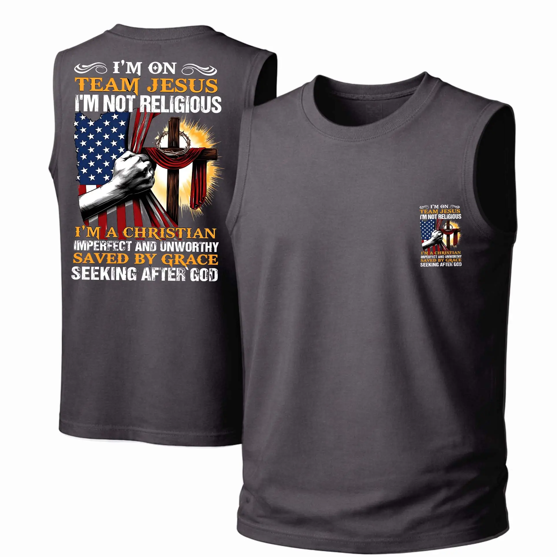 Men's Cotton Tank Top with 'Team Jesus' Graphic Print, Unisex Streetwear Garment, Loose Fit Breathable Fabric for Casual Wear, Menswear, Soft, Round Neck, All-Season, Outdoor