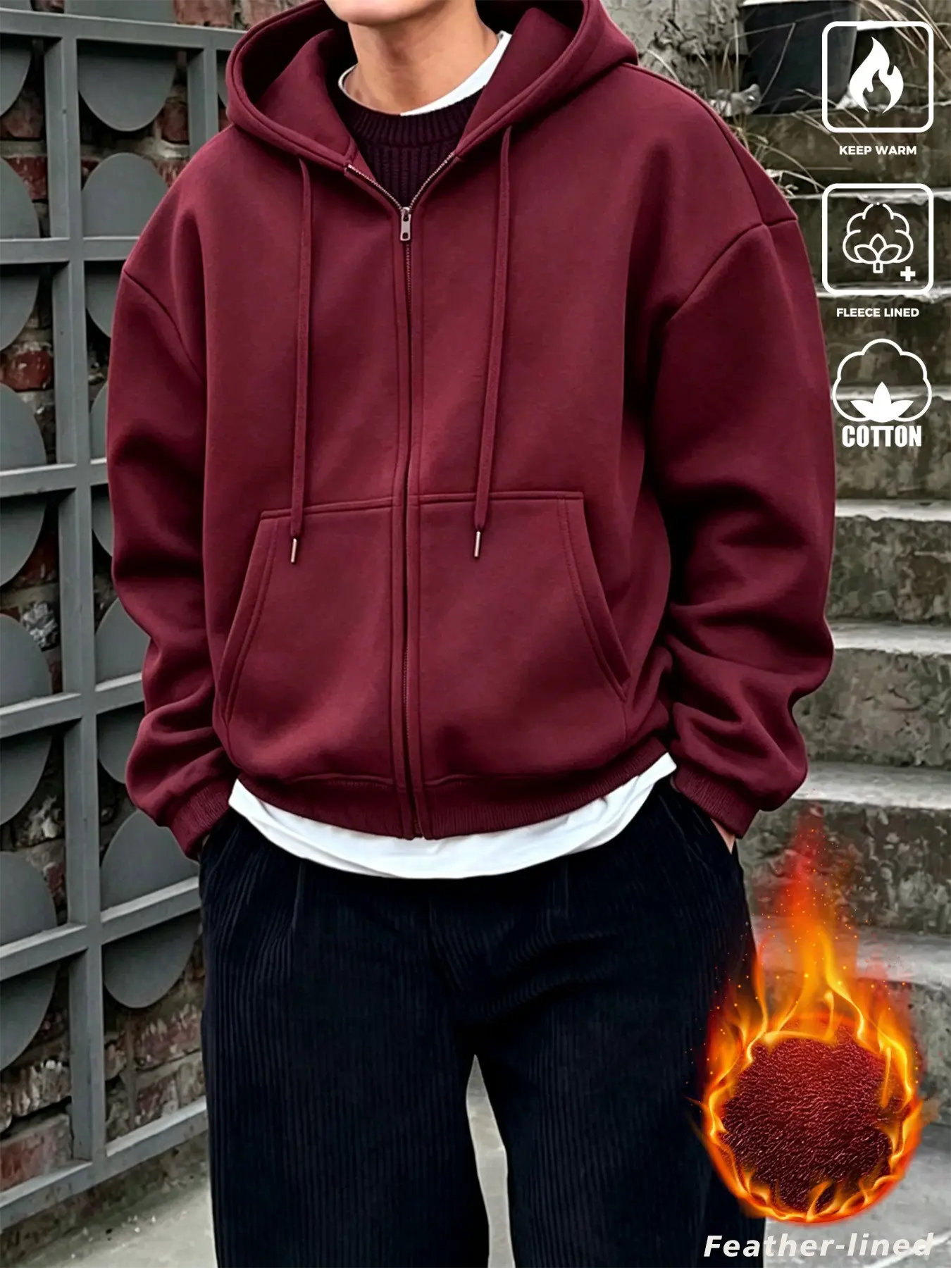 Unisex design, street style, autumn and winter version with fleece lining, zippered hood, basic loose-fitting shoulder-drooping hoodie jacket. Soft, plush interior lining, casual open-style sweater for warmth, minimalist, versatile, fleece-lined, solid-co