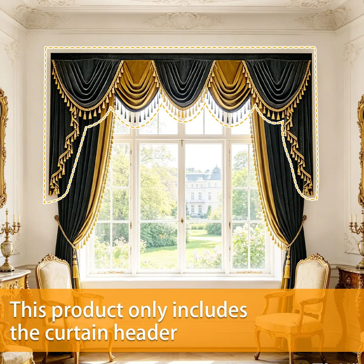 European Luxury Gold Stage Curtain Header, Multi-Layer Wave Fringe Tassels, Suitable for Living Room, Stage, Live Stream, 1pcs