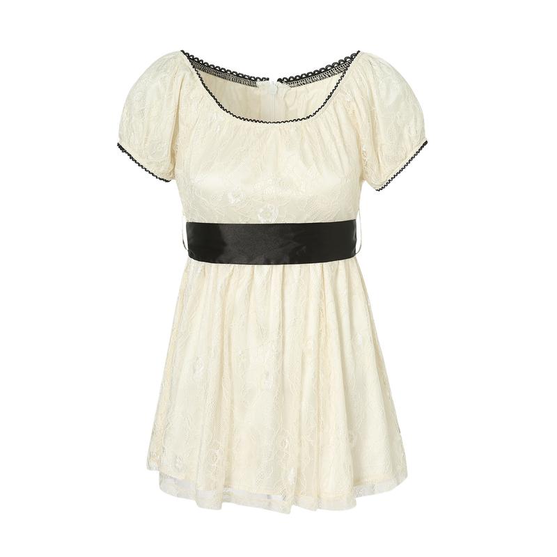 Women Long Tops, Patchwork Short Sleeve A-line Shirt Vintage Girl Lace Holiday Streetwear