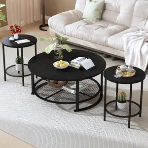 3 Pieces Industrial Round Coffee Table Set, 31.6 Inch Center Coffee Table with 2 Matching End Side Tables, Sturdy Metal Leg Accent Table Pack, Easy Assembly Furniture Set for Living Room Apartment Home Office