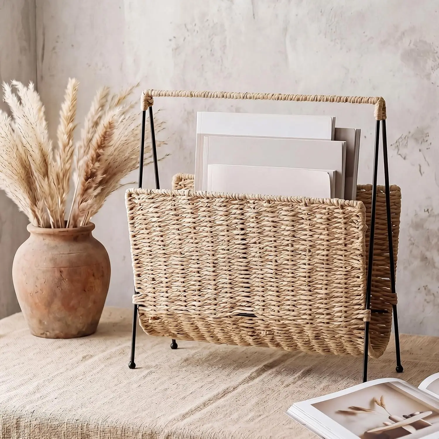 Novabright Hand Woven Magazine Holder with Metal Stand, Large Wicker Book Storage Basket, Decorative Newspaper Mail Storage Rack for Living Room, Bedroom, Bathroom, Home, Office, 13.78 x 14.17 x 3.94