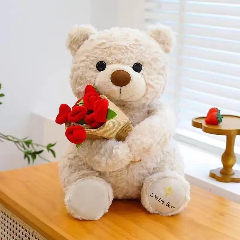 Soft Plush Teddy Bear Holding Roses, Ideal Gift for Birthday, Anniversary & Romantic Occasions, Snuggle Stuffed Bear, Stuffed Animal Gifts