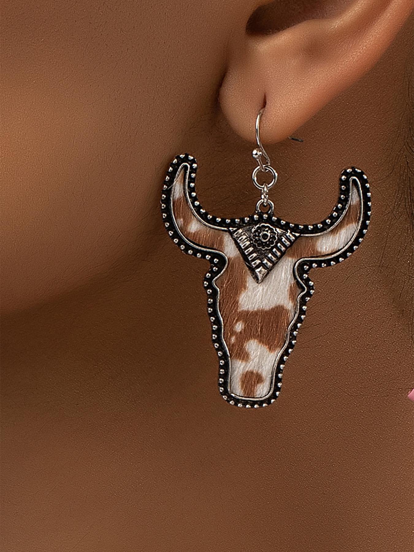 Vintage Cow Head Shaped Dangle Earrings (1 Pair), Western Cowboy Style Leopard & Cow Print Earrings, Hollow Out Design Earrings for Women, Trendy Jewelry Gift for Party and Daily Life, Casual Yet Chic
