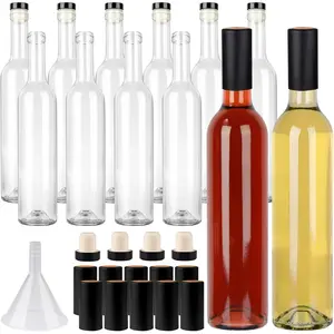 12 Pack 16oz Clear Glass Bottles with Cork Lids and PVC Shrink Capsules, 500 ml Empty Home Brewing Wine Bottles with Funnel for Sparkling Wine, Juice, Kombucha, Beverages