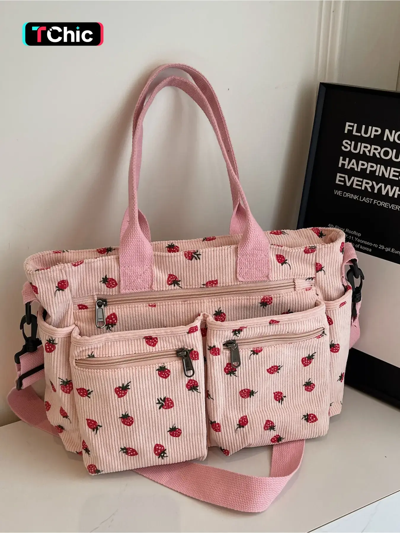 College Student's Strawberry Print Tote Bag for Class Large Capacity, Fits 14-inch Laptop Corduroy Handbag Stylish and Versatile Instagram-Inspired Commuter Crossbody Bag Spring/Summer New Arrival Women's Handbag Fashionable Tote Bag