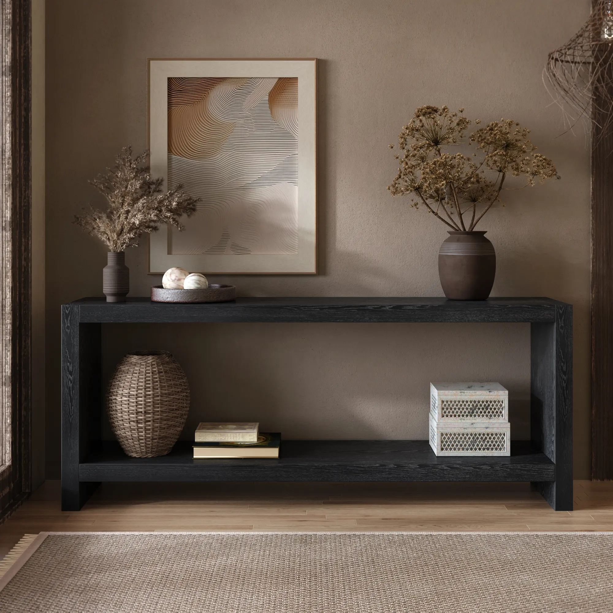 ARCH 63-Inch Large Farmhouse Console Table, 2-Tier Rustic Entryway Table with Wood Veneer, Vintage Sofa Table for Behind Couch, Living Room, Hallway, Easy Assembly, Black, Black Color Options, Solid Wood+MDF Material, Farmhouse/Rustic Style