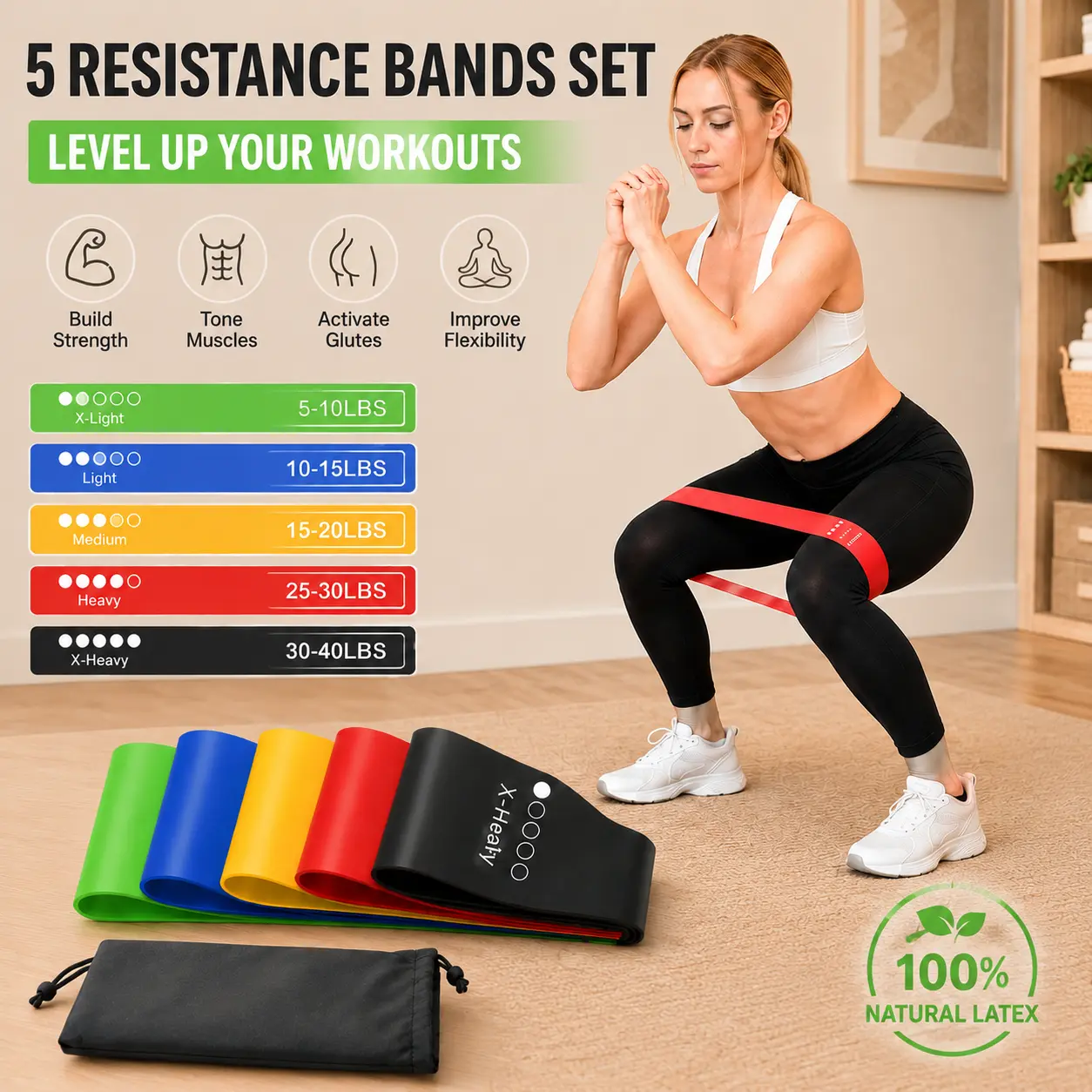 5 Resistance Bands Set for Women & Men, Natural Latex Workout Bands with Carry Bag, Loop Exercise Bands for Home Gym, Yoga, Pilates, Glute & Leg Training