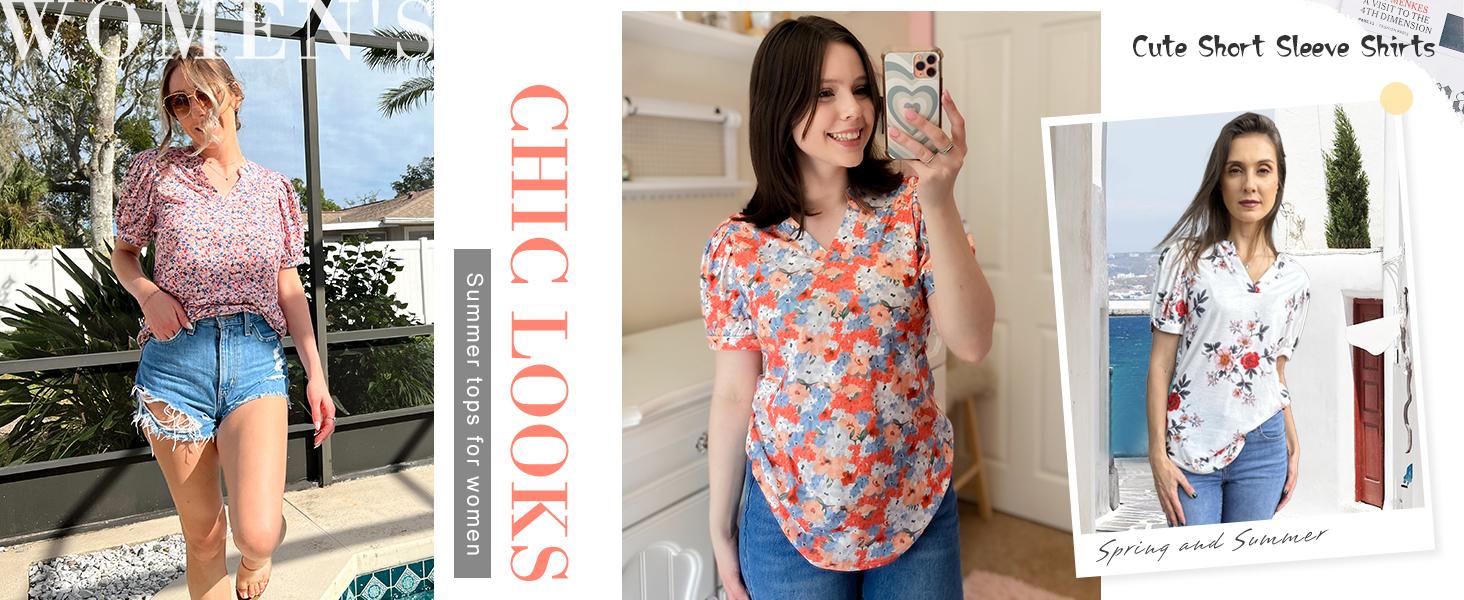 WIHOLL Women's Pleated Puff Sleeve Tops Summer V Neck Tunic Shirts Loose Curved Hem Blouses Dressy Casual S-3XL SpringStatements