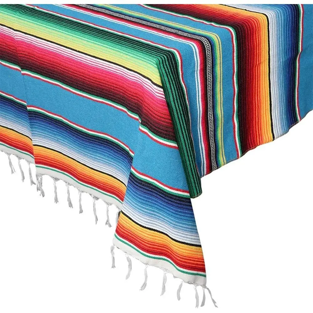 59 x 84 Inch Square Mexican Tablecloth Serape Blanket, Topic Blue | Mexican Party Decorations,  Tassel,  Fabric, Easy Clean, Colorfast, Fiesta Table Cloths for Picnic, Tapestry