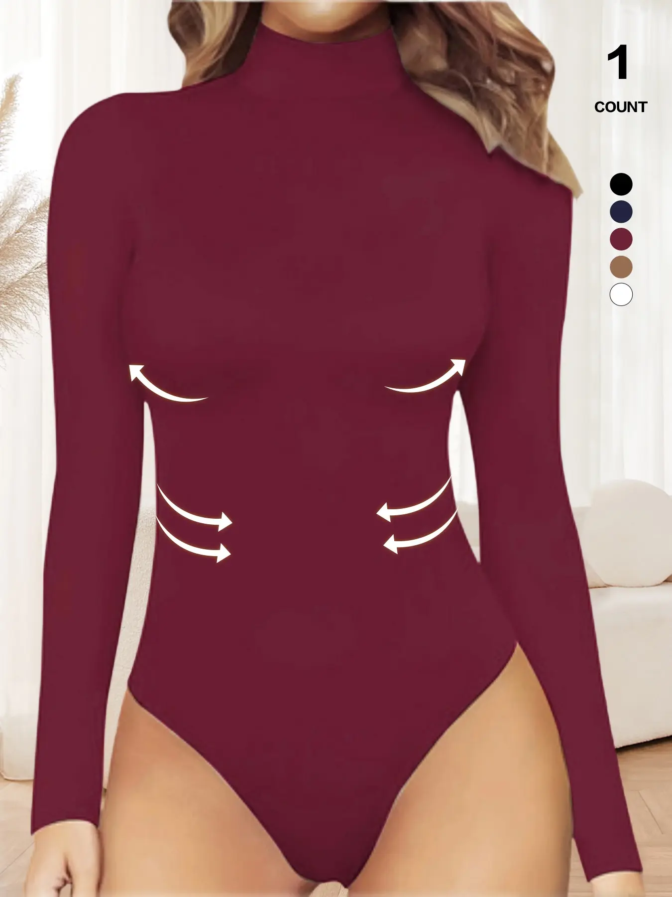 High Neck Long Sleeve Slimming Thong Bodysuit, Seamless Stretchy Soft Sculpting, Versatile Layering Top, All-Season Essential