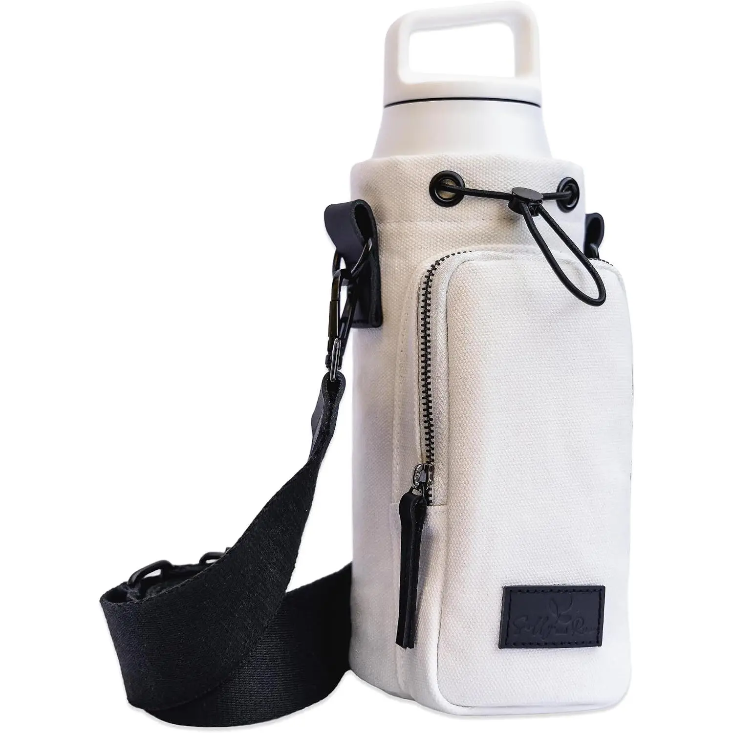 Water Bottle Holder with Strap & Pocket Fits 16 to 32 oz Bottles Crossbody Water Bottle Carrier for Women Canvas  Leather