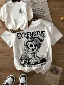 Women'S Slim-Fit Double-Sided Skull Pattern T-Shirt - Breathable Casual Streetwear Top, Spring/Summer "Precious Words" Print, White And Black Contrast