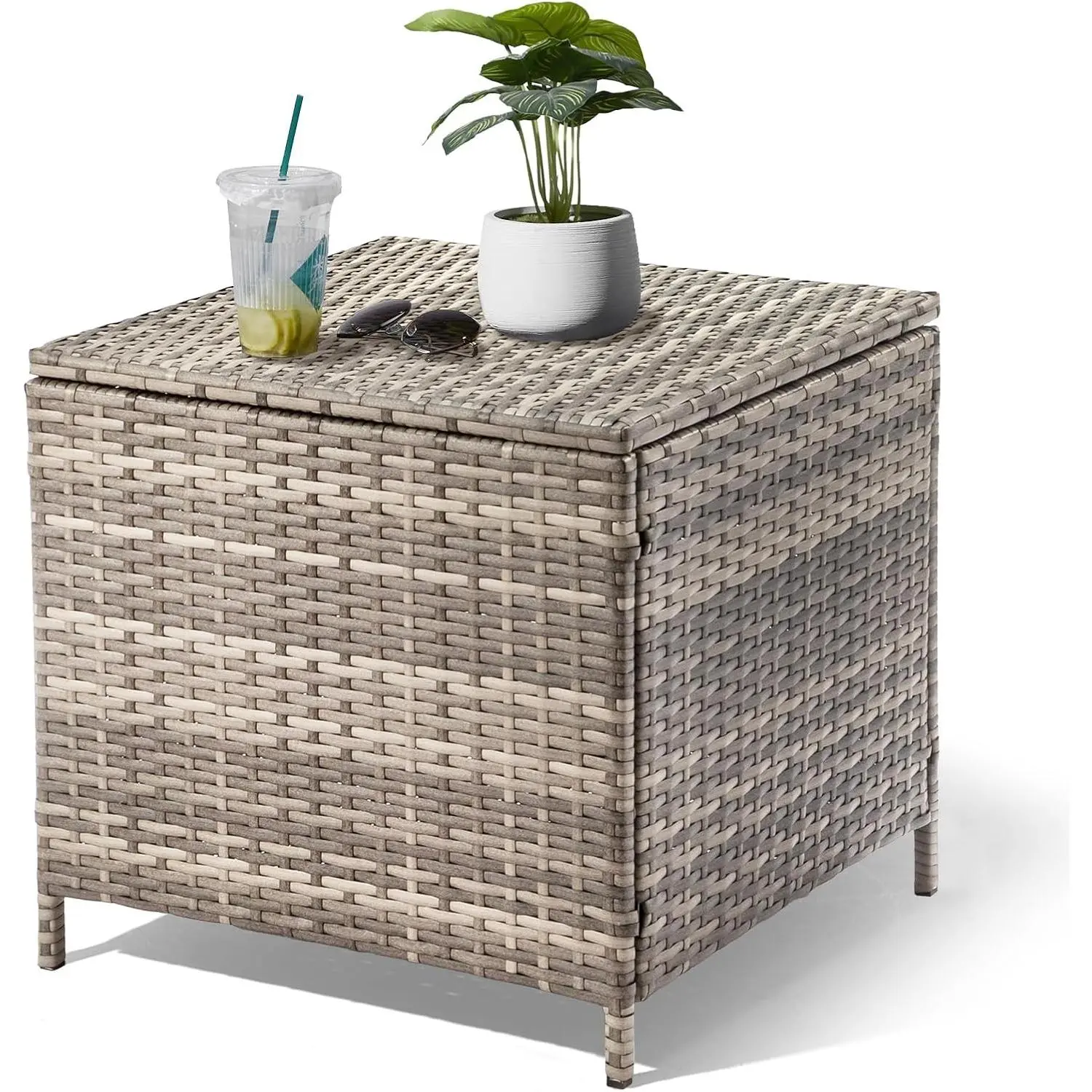Outdoor Side Table with Storage, 27-Gallon Patio Deck Box Outdoor Wicker Side Table for Poolside Balcony Storage Table (Grey, Square)