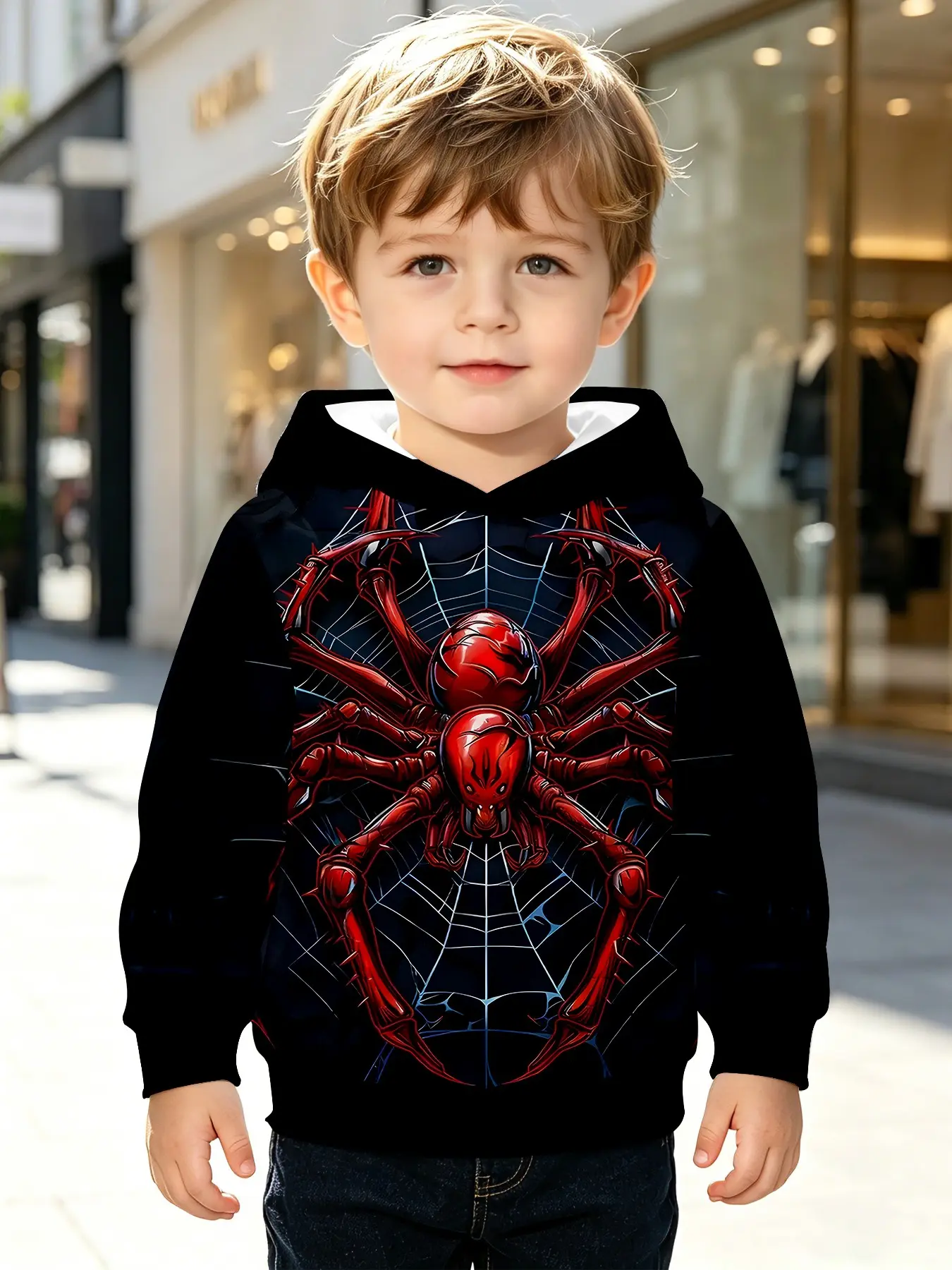 Cool Spider Web Kids Hoodie, Boys' Dark Style 3D Print, Long Sleeve Loose Fit Pullover, Fall & Winter Fashion, Asymmetrical Design