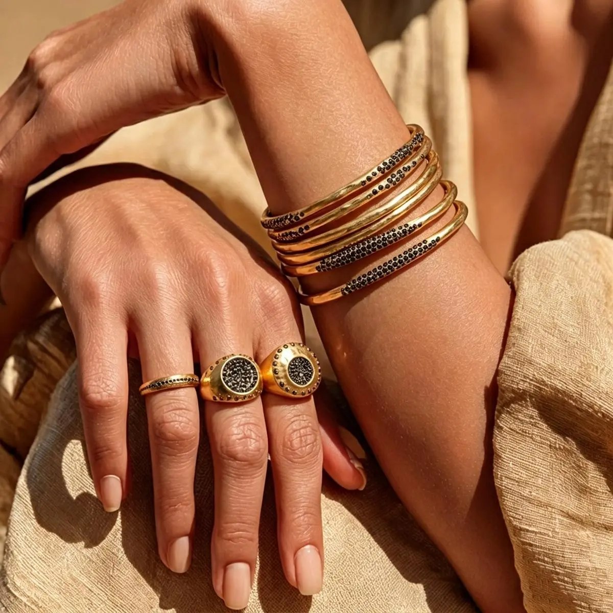 Back to School Supplies Viral Gold Tone Stacked Style Bangle With Black Micro Pave Y2K Baddie Aesthetic Bracelet Jewelry Gift For Her
