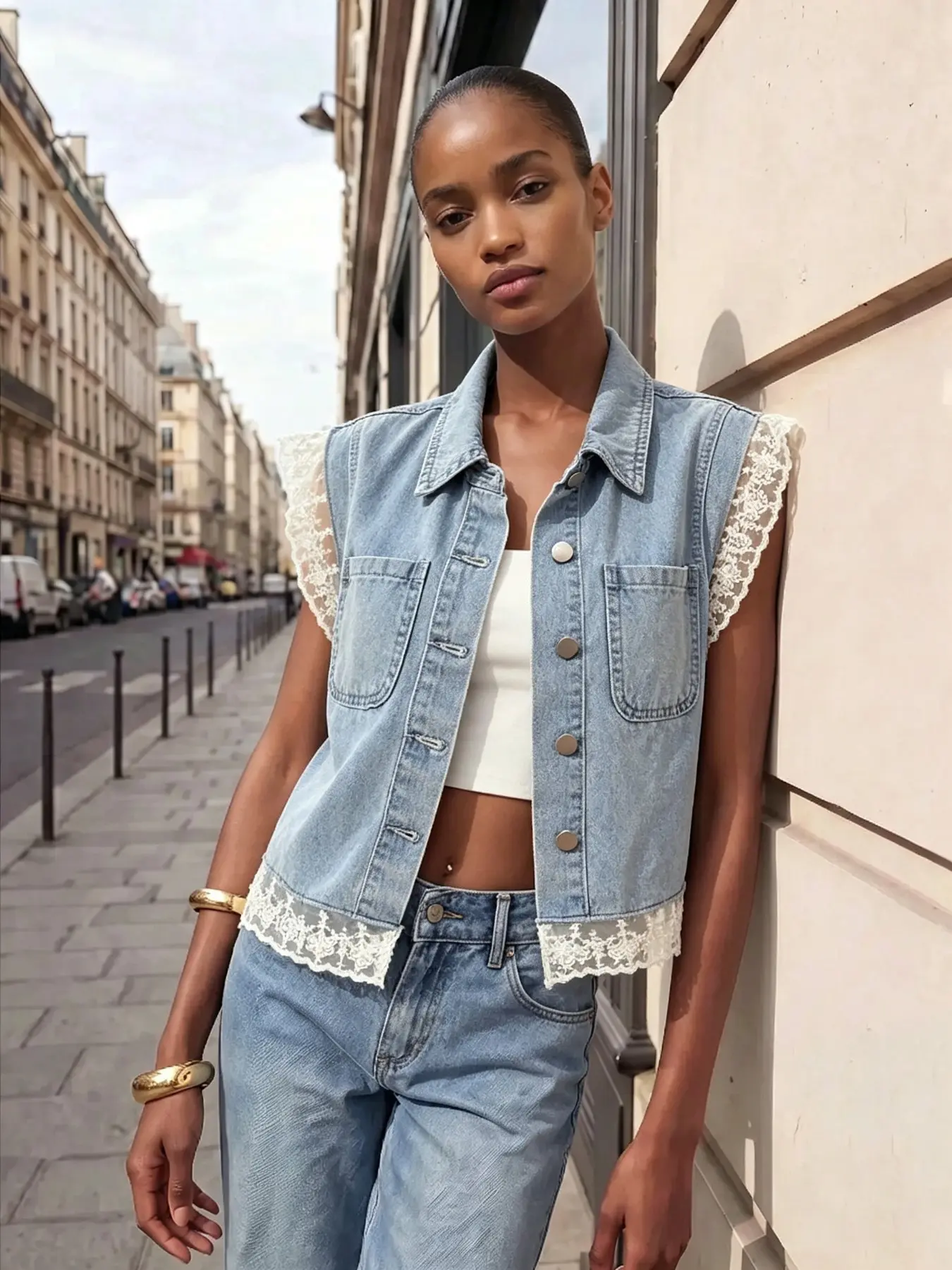 Women's Summer Casual Aesthetic Colorblock Lace Trim Sleeveless Denim Jacket Denim Jean Vest, Versatile Fashion for Commuting, Work, Shopping