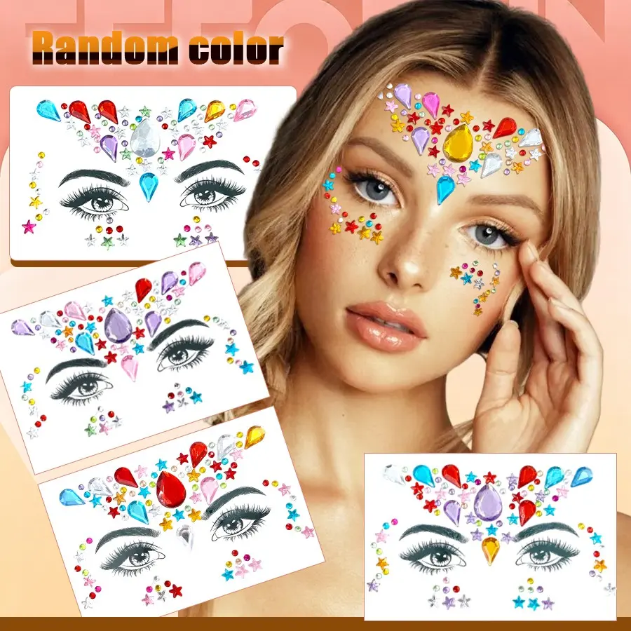 5Pcs Random Mixed Star & Teardrop Face Rhinestone Stickers, Colorful Forehead Gem Decals for Music Festival & Rave, Sparkly Crystal Eye & Face Decor for Stage, Party & Photoshoot