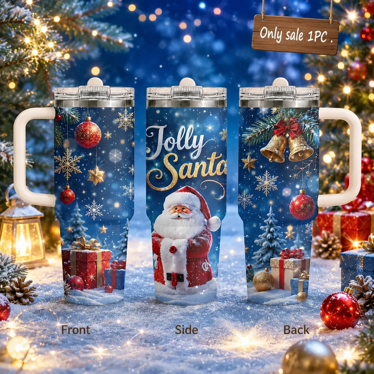 Magical Winter Night Santa Snowman Christmas Vacuum Flasks 40oz 3rd Gen Vacuum Insulated Tumbler with Handle & Straw Lid, Leak-Proof Stainless Steel Travel Mug for Water, Coffee, Gym, Office, Car Cup Holder