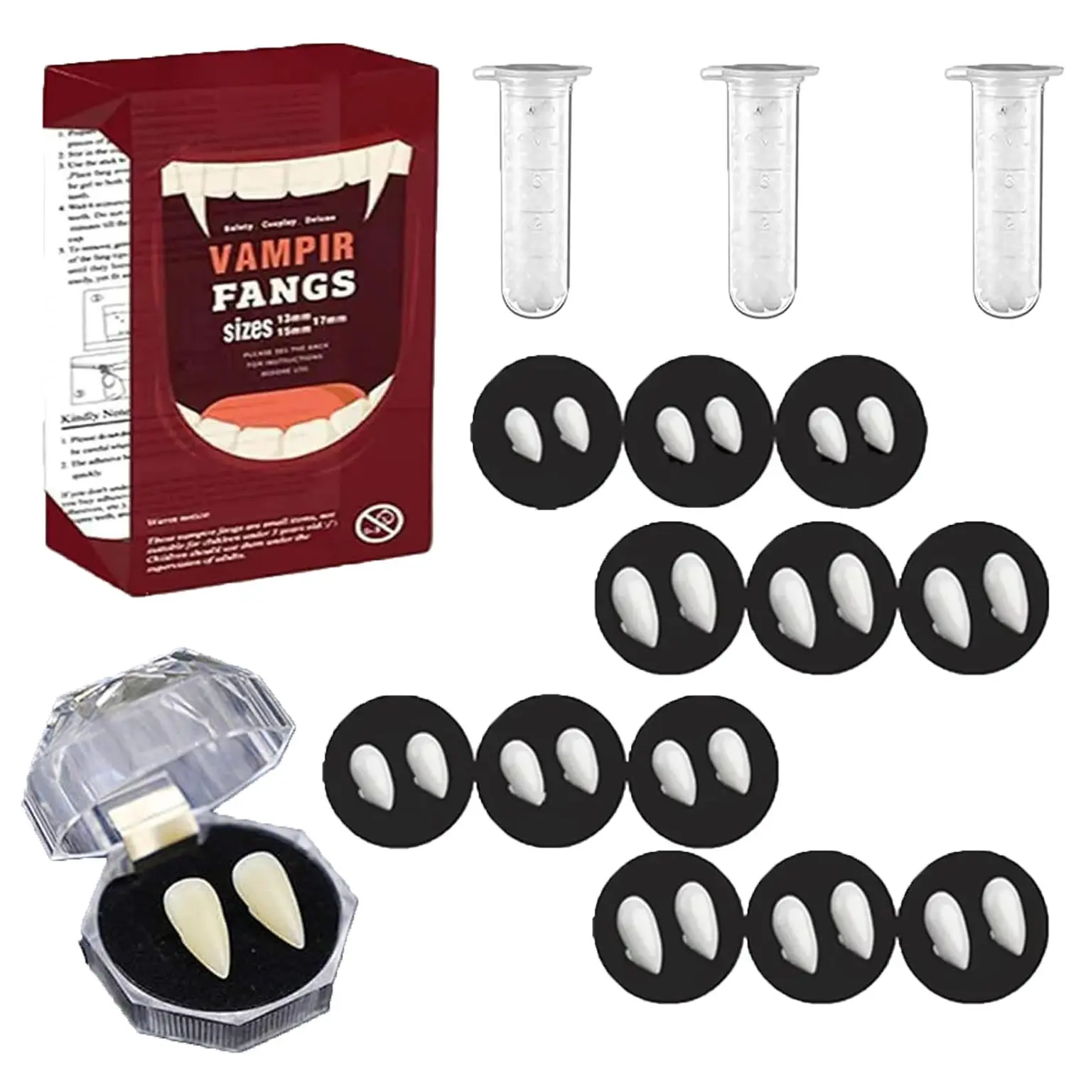 12 Pairs 4 Size Vampire Fake Teeth Fangs with Adhesive Pellets, Realistic Horror Teeth Cosplay Props, Reusable Halloween Masquerade Costume Accessories, Party Favors and Festival Gift for Dress Up