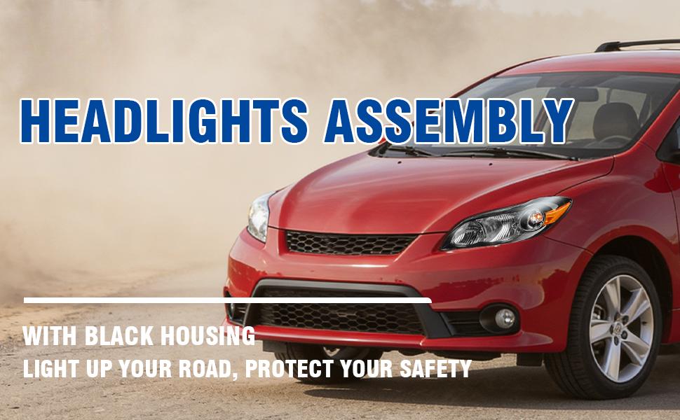 Headlight Assembly Compatible with 2009-2013 Toyota Matrix, Headlamp w/Bulbs Black Housing Amber Reflector Pair Left and Right # TO2502184, TO2503184