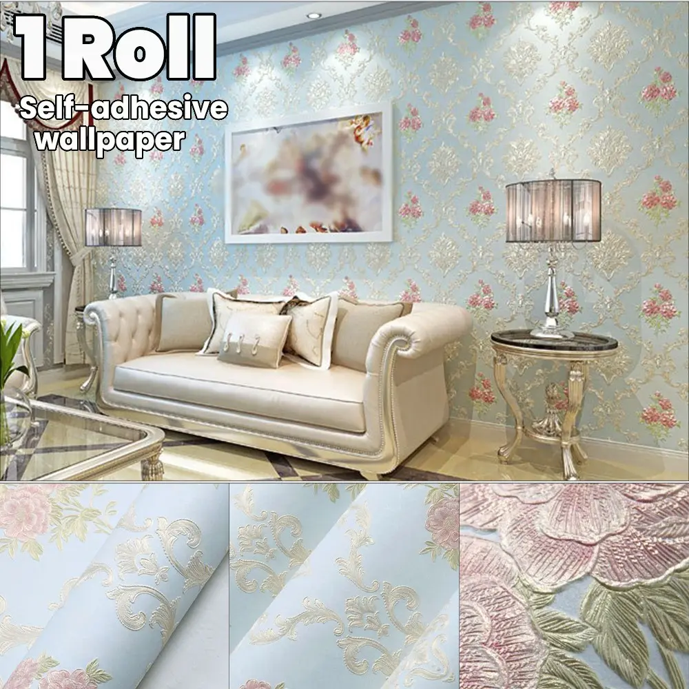 53cm Wide Peel and Stick Wallpaper, Vintage 3D Floral Fabric, Moisture-Proof, Self Adhesive, for Bedroom Living Room Decor