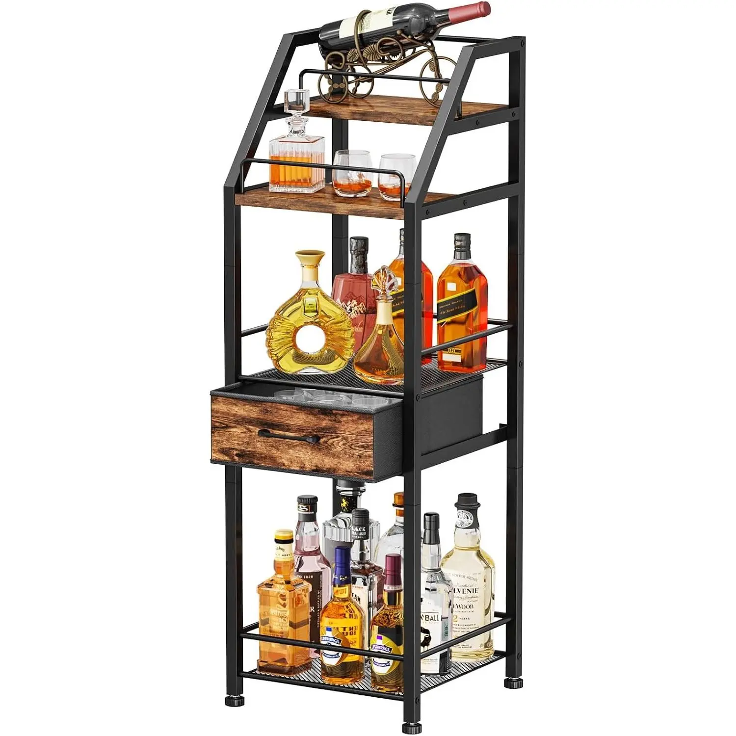 4-Tier Stepped Freestanding Wine Rack Floor Stand - Single Unit Indoor Furniture Liquor Cabinet Bar Stand with Fabric Drawer, Wine & Glass Organizer, Requires Assembly for Living Room, Kitchen