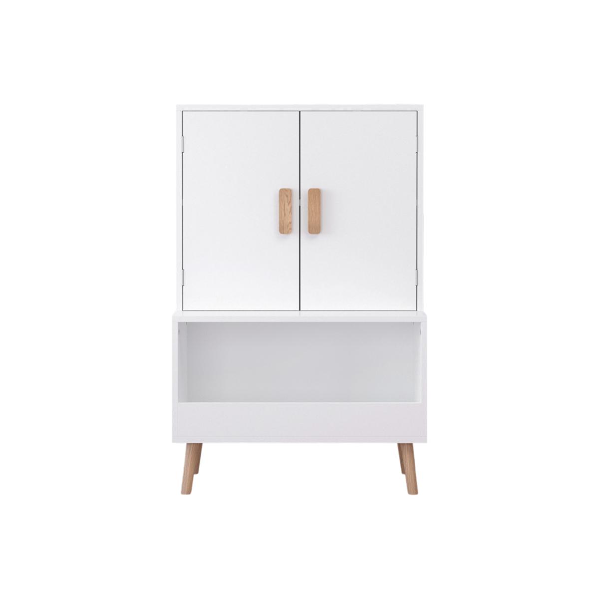 Kids Toy Storage Cabinet with Doors and Open Shelf, White Modern Wooden Organizer with Natural Wood Legs, Toddler Bookshelf for Playroom, Nursery, Bedroom