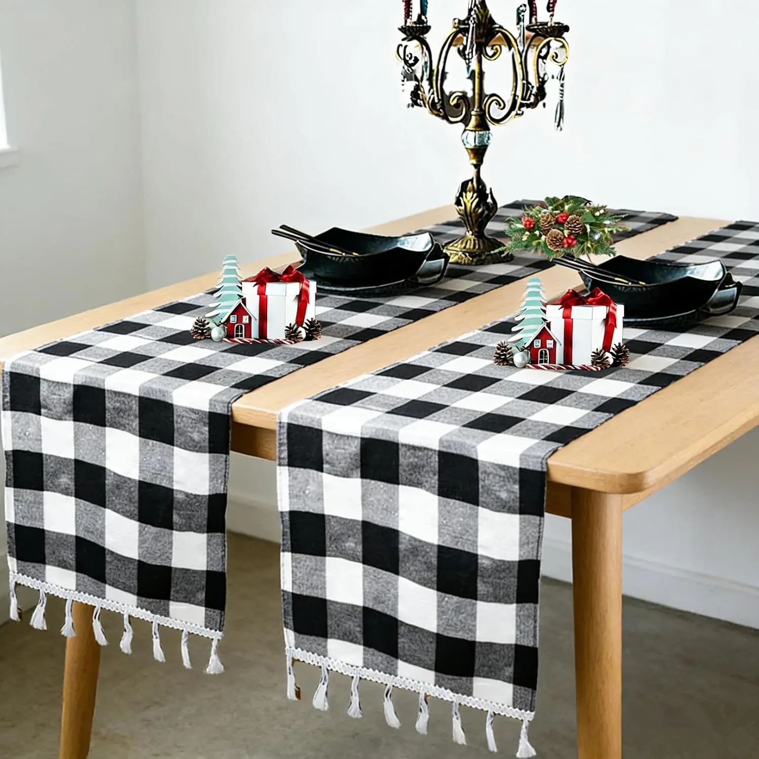 Buffalo  Table Runner 2 count 14x90-Inch Red and White Checkered Tables-Runners with Tassel Christmas Decoration Gingham Rustic  Style