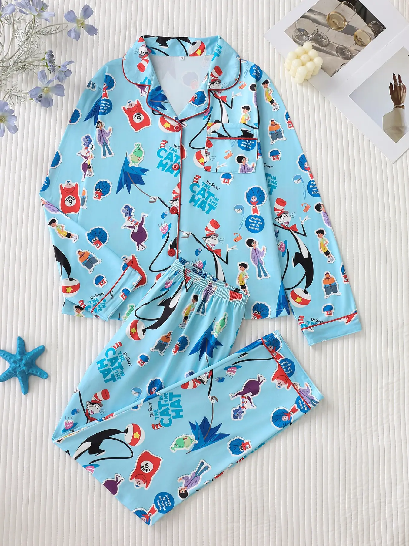 Two-Piece Cartoon Print Pajama Set for Women, Soft Comfortable Fabric, Loose Fit Long Sleeve Top and Pants, Fun Home Sleepwear