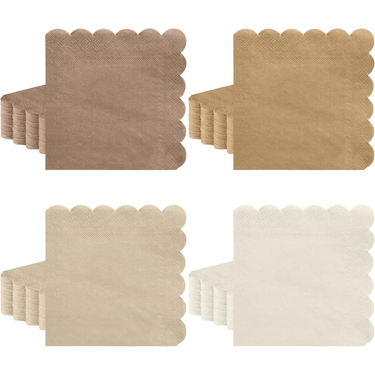 120 Pack Boho  Napkins, 5 x 5 Inch, Brown | 4 Gradient Brown Shades, Scalloped , 2-Ply Paper, Absorbent, For Weddings, Birthdays,  Showers