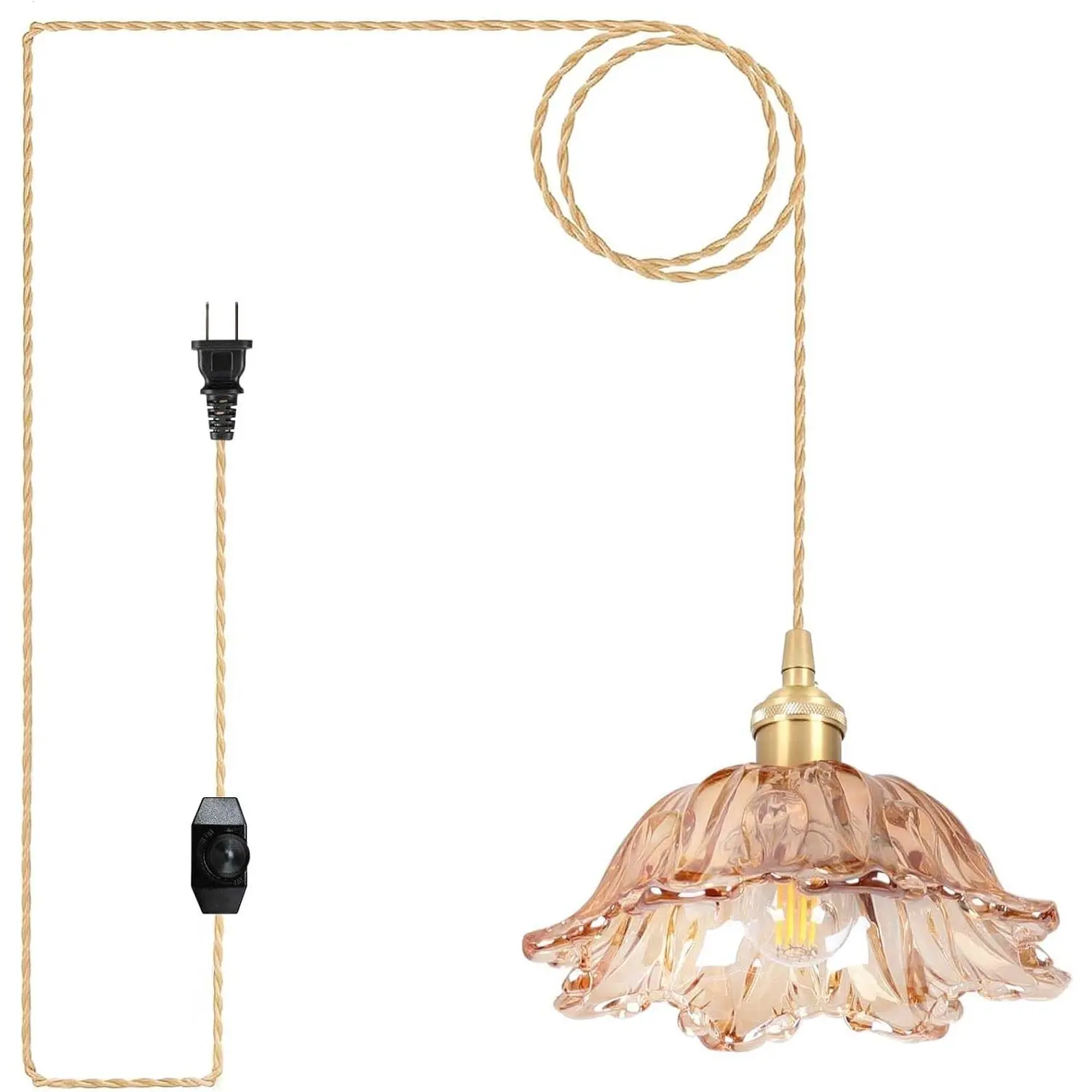 Plug in Pendant Light Fixture, 10.6in Amber Glass E26 Hanging Pendant Lighting for Kitchen Island Bedroom Dining Room Living Room