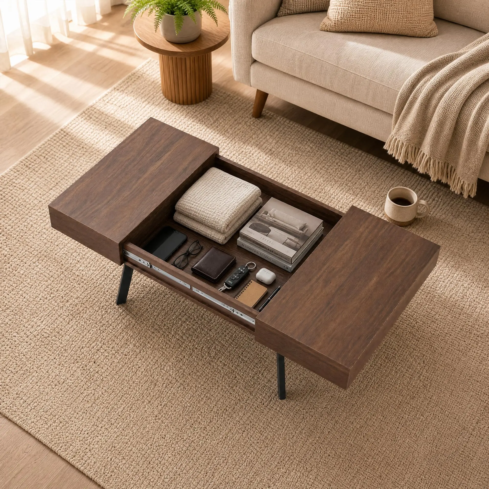 Expandable Wood Coffee Table with Sliding Top, Hidden Storage, Space-Saving Design for Living Room and Office