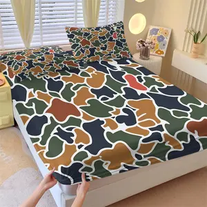 Retro Color Block Camo Fitted Sheet Set, 1 Fitted Sheet + 2 Pillowcases, Deep Pocket Non-Slip Mattress Protector, Soft Breathable All Season Bedding, Bold Multicolor Camo Bedding For Men Teen Bedroom Decor