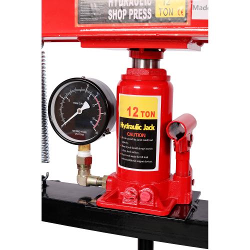 12Ton Bottle Jack Shop Press with Gauge, Bend, Straighten, or Press Parts, Install Bearings, U-Joints, Bushings, Ball Joints, and Pulleys,RED