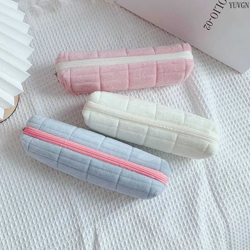 Soft Plaid Quilted Plush Pencil Pouch - Solid Color Long Zipper Stationary Bag, Cute Pastel Fluffy Portable Storage Organizer for School Girls (Gym Shoulder Bag Accessory)