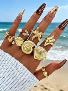 8-Piece Boho Elegant Women's Shell Ring Set, Open Design, Perfect for Dates, Vacations, Gifts, Daily Wear, Sea Star & Conch Inspired