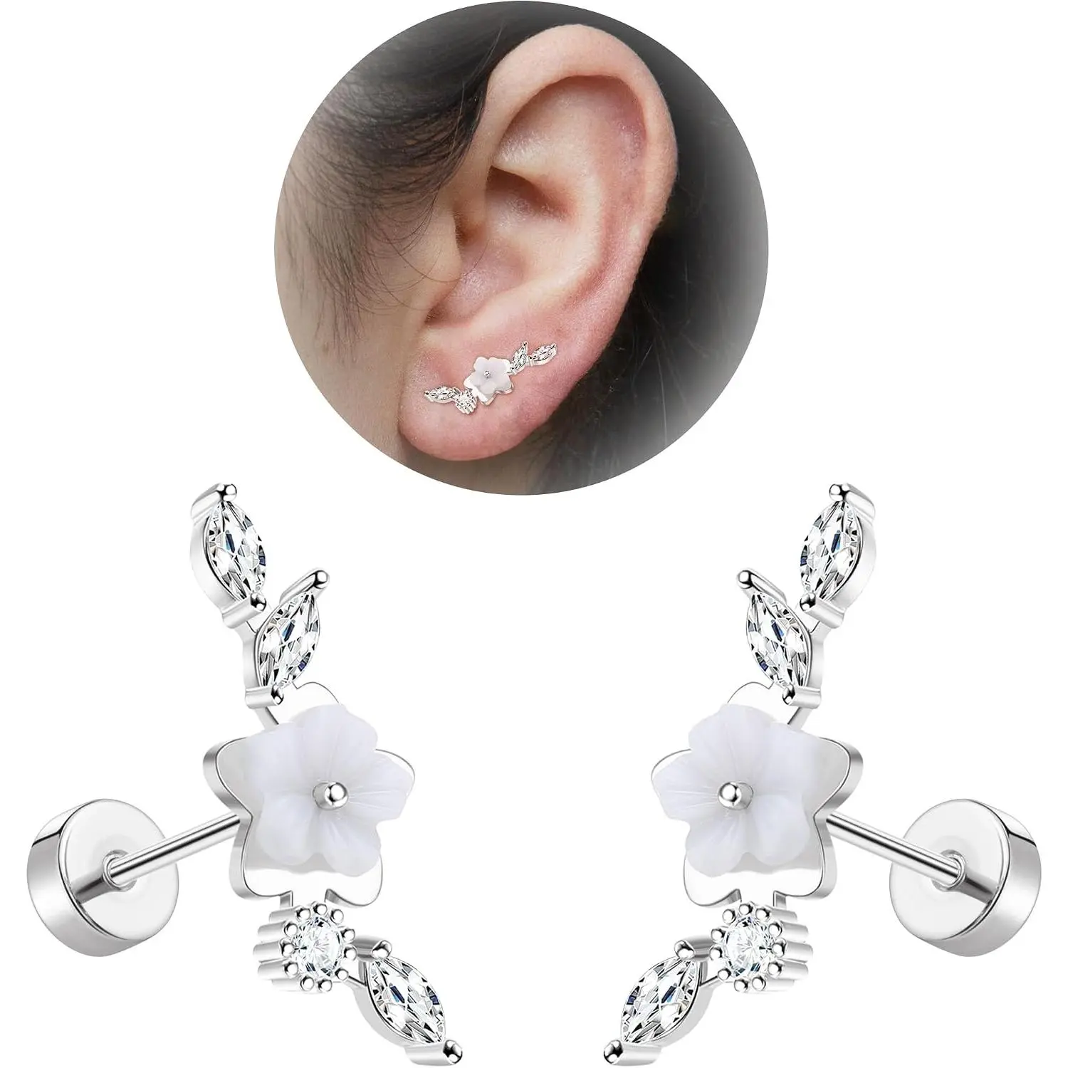 20G Cartilage Earrings for Women 14K  Stainless Steel Flat  Cartilage Stud Earrings for  Ear Leaf Opal CZ  Helix Conch