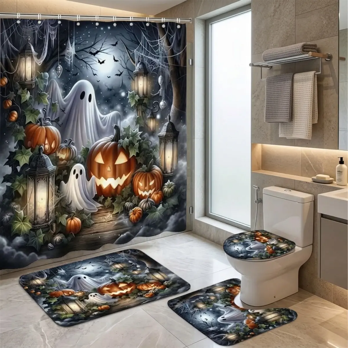 4pcs Spooky Halloween Bathroom Curtain Set, Ghost Pumpkin Lanterns Haunted Castle Scene, Witchy Night Decor, TikTok Trending Bath Style