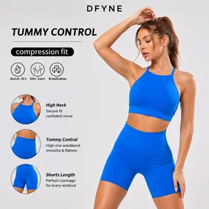 DFYNE Women’s Seamless Strappy Sports Bra & 3" Biker Shorts Set, Quick Dry Supportive Workout Outfit, High Stretch Yoga Gym Activewear outing daily,dynamic,backless sport bra,Adjustable,Sheer,Lace,Babydoll,Nightwear,top,woman,,,fo,wireless,push-up,b,Twist