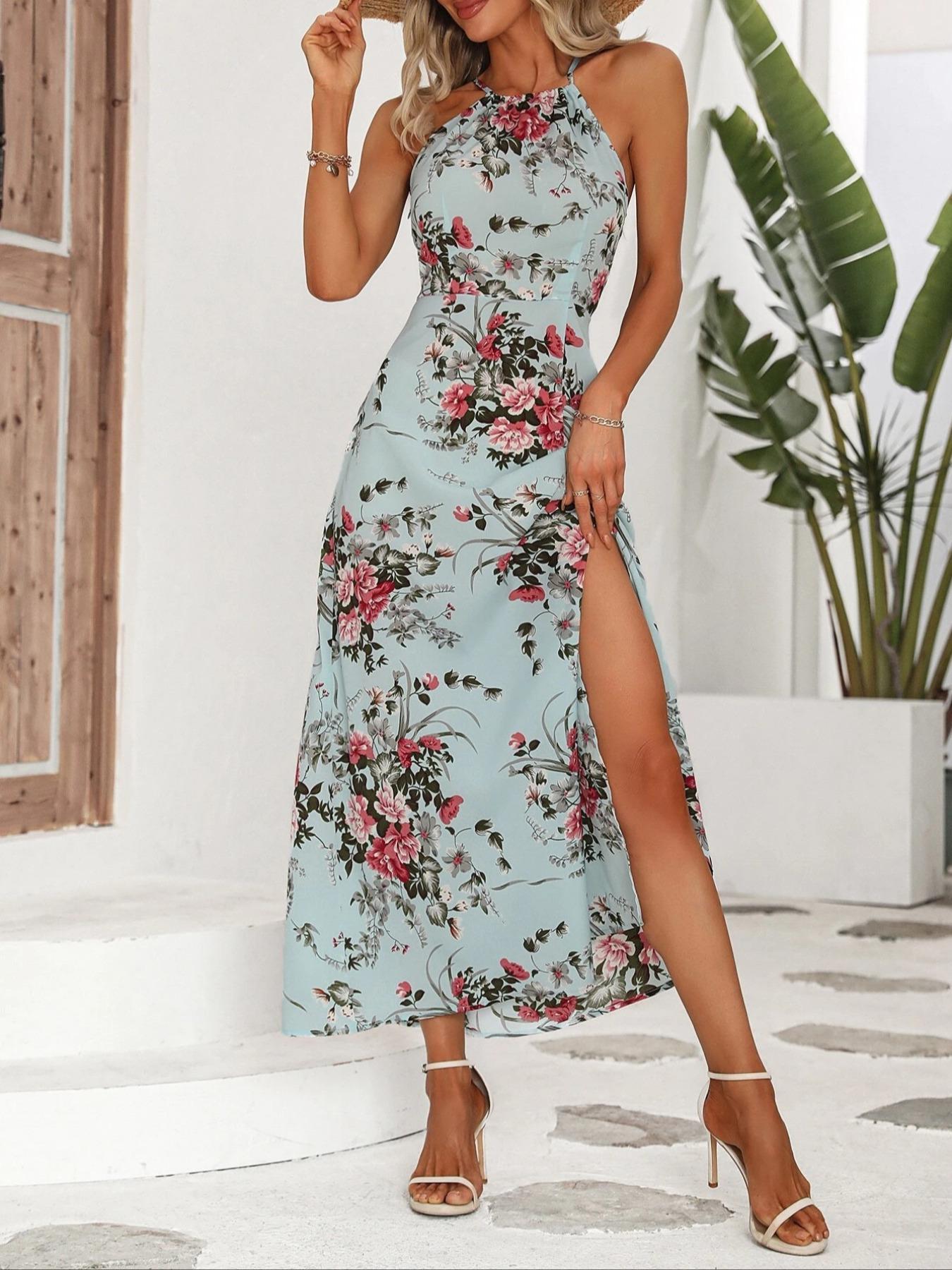 Women's Floral Print Split Thigh Halter Dress, Tie Back Design, Bohemian Boho Summer Long Sleeveless Fitted Dress, Elegant Printed Series Women's Floral Print Split Thigh Halter Dress, Tie Back Design, Bohemian Boho Summer Long Sleeveless Fitted Dress, Elegant Printed Series
