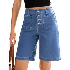 Bermuda Shorts for Women High Waisted Button Fly Patch Pocket Long Stretch Denim Shorts Relaxed Fit Summer Jorts(Gift)