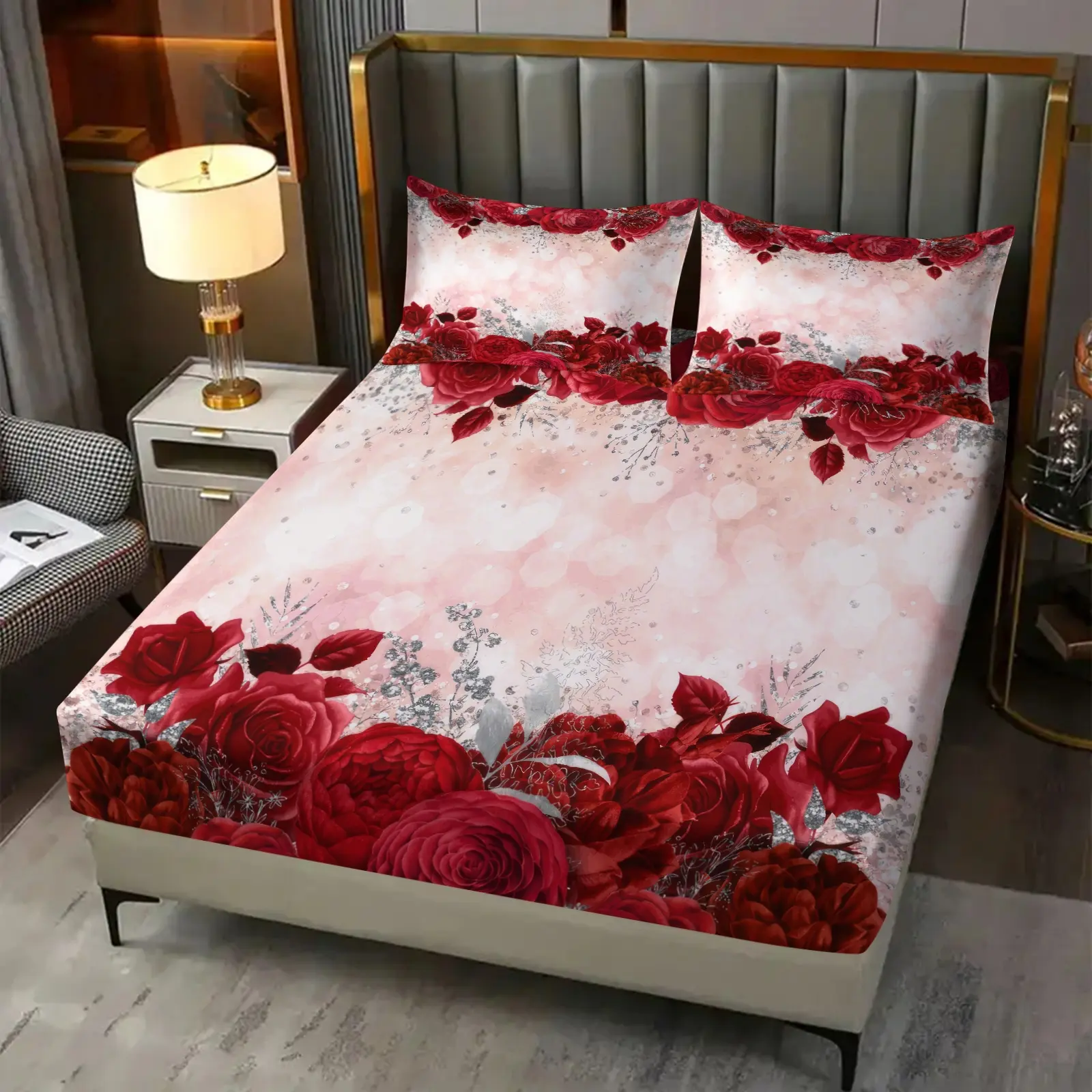 Rose Print Bed Fitted Sheet Set with 2 Pillowcases, Gentle Romantic French Style, High Elastic Edge Snugly Fits Mattress, Lightweight Breathable Fabric, Perfect for Couple Bedrooms, Wedding Airbnbs & Valentine's Day Home Makeovers, Floral Sheets